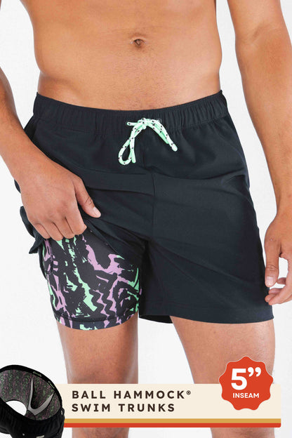 Shinesty Ball Hammock® 5" Swim Trunks - Black and Neon Tribal
