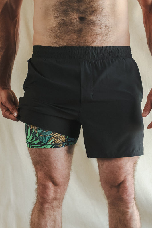 Shinesty Men's Ball Hammock® 5 Inch Athletic Shorts - Tropical Leaves