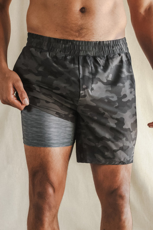Shinesty Men's Ball Hammock® 7 Inch Athletic Shorts - Black and Grey Camo