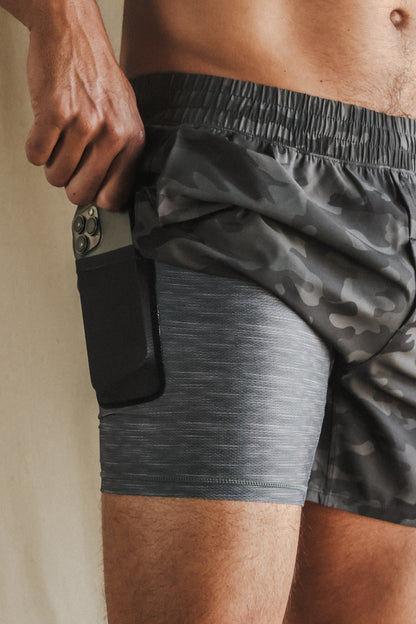 Shinesty Men's Ball Hammock® 7 Inch Athletic Shorts - Black and Grey Camo