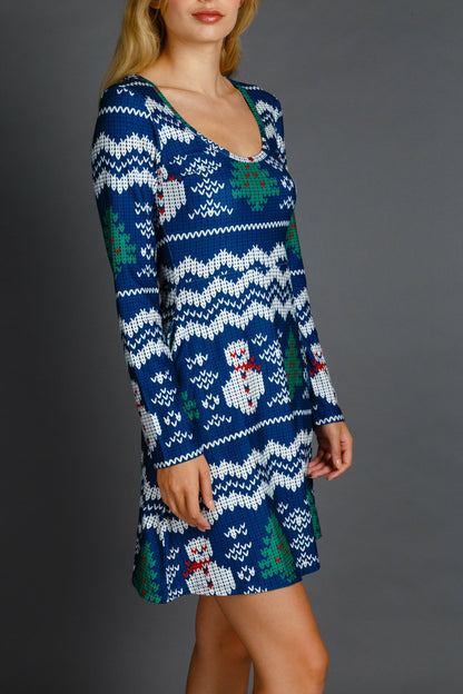 Shinesty Long Sleeve Skater Dress - Snowman Print Christmas Skater Dress