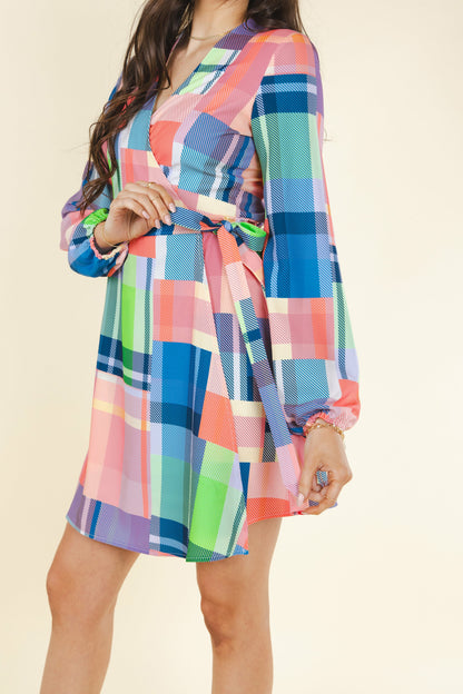 Shinesty Wrap Dress - Plaid Patchwork