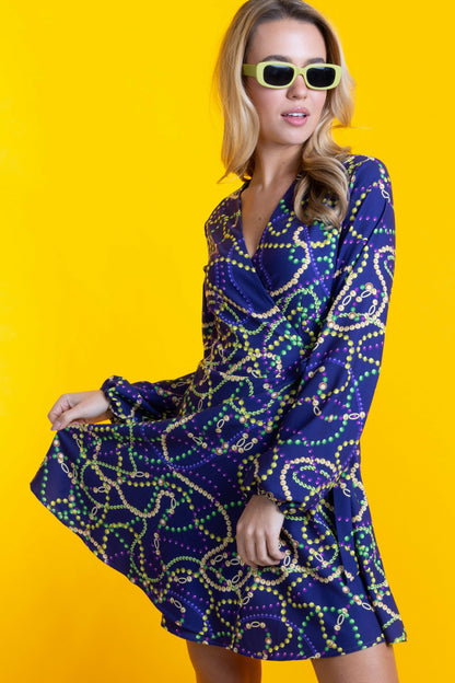 Shinesty Wrap Dress - Mardi Gras Beads