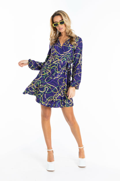 Shinesty Wrap Dress - Mardi Gras Beads
