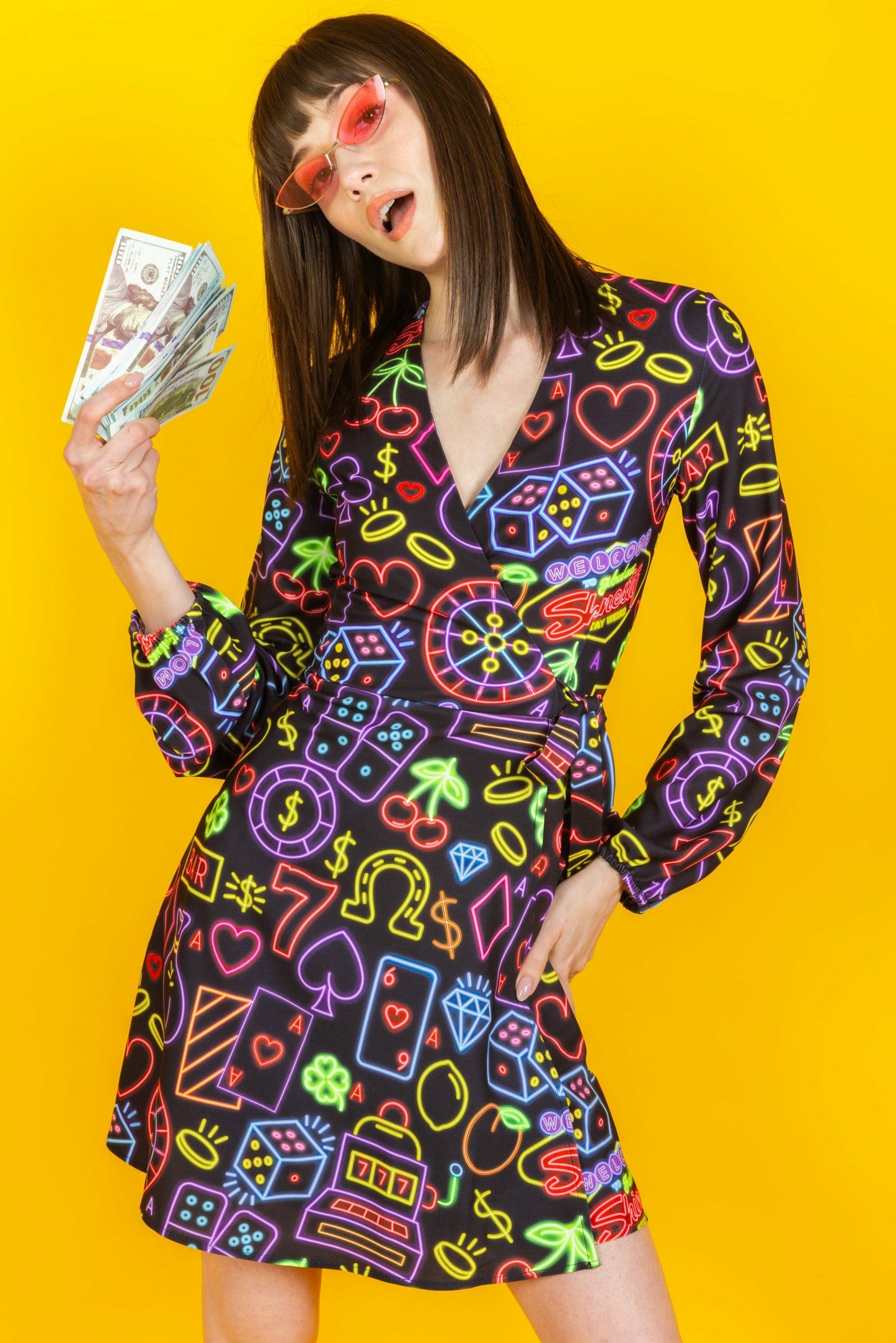 Shinesty Wrap Dress - Neon Vegas Lights