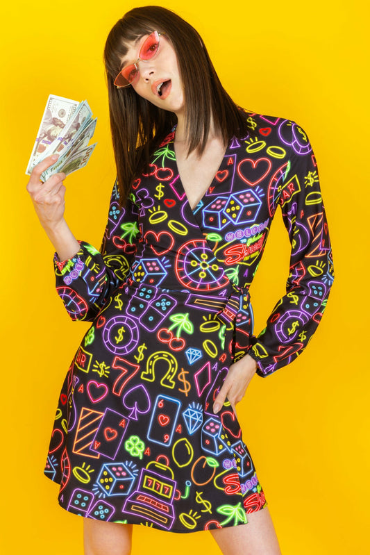 Shinesty Wrap Dress - Neon Vegas Lights