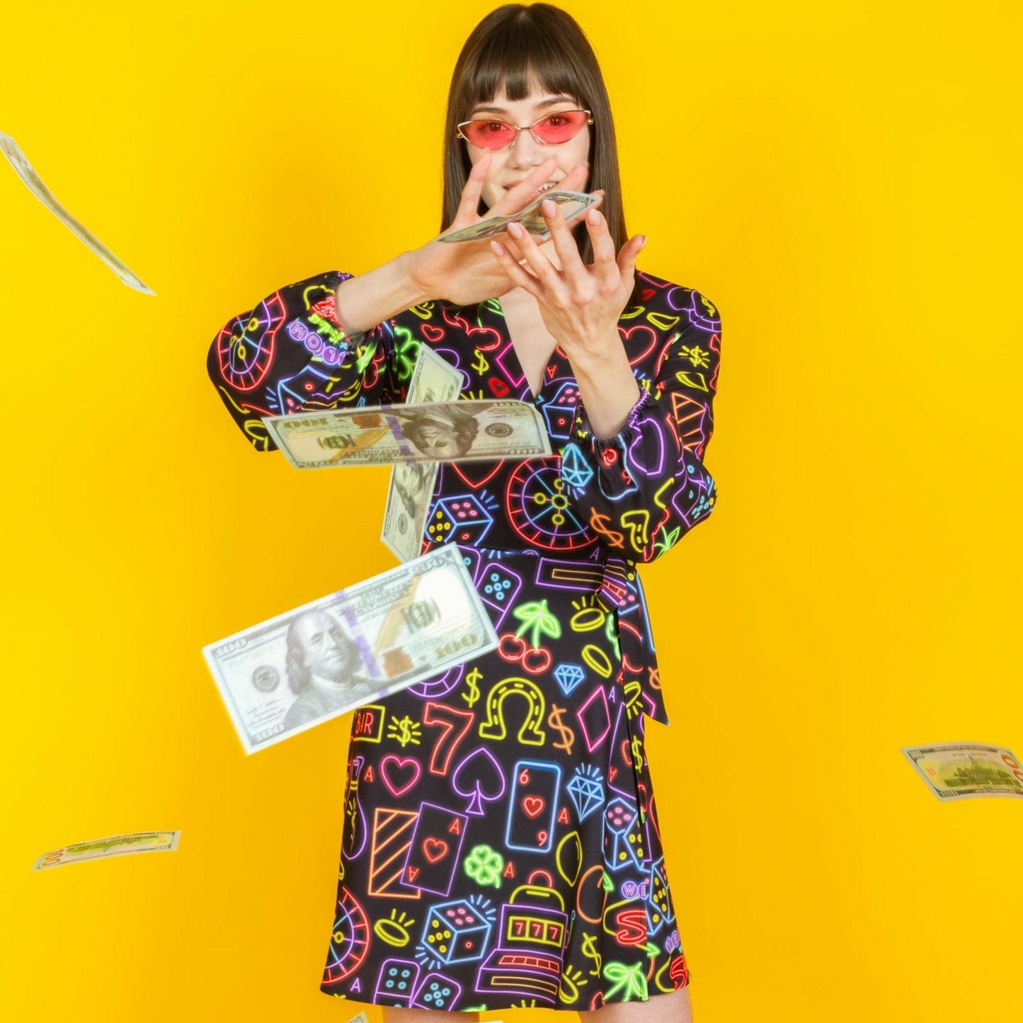 Shinesty Wrap Dress - Neon Vegas Lights