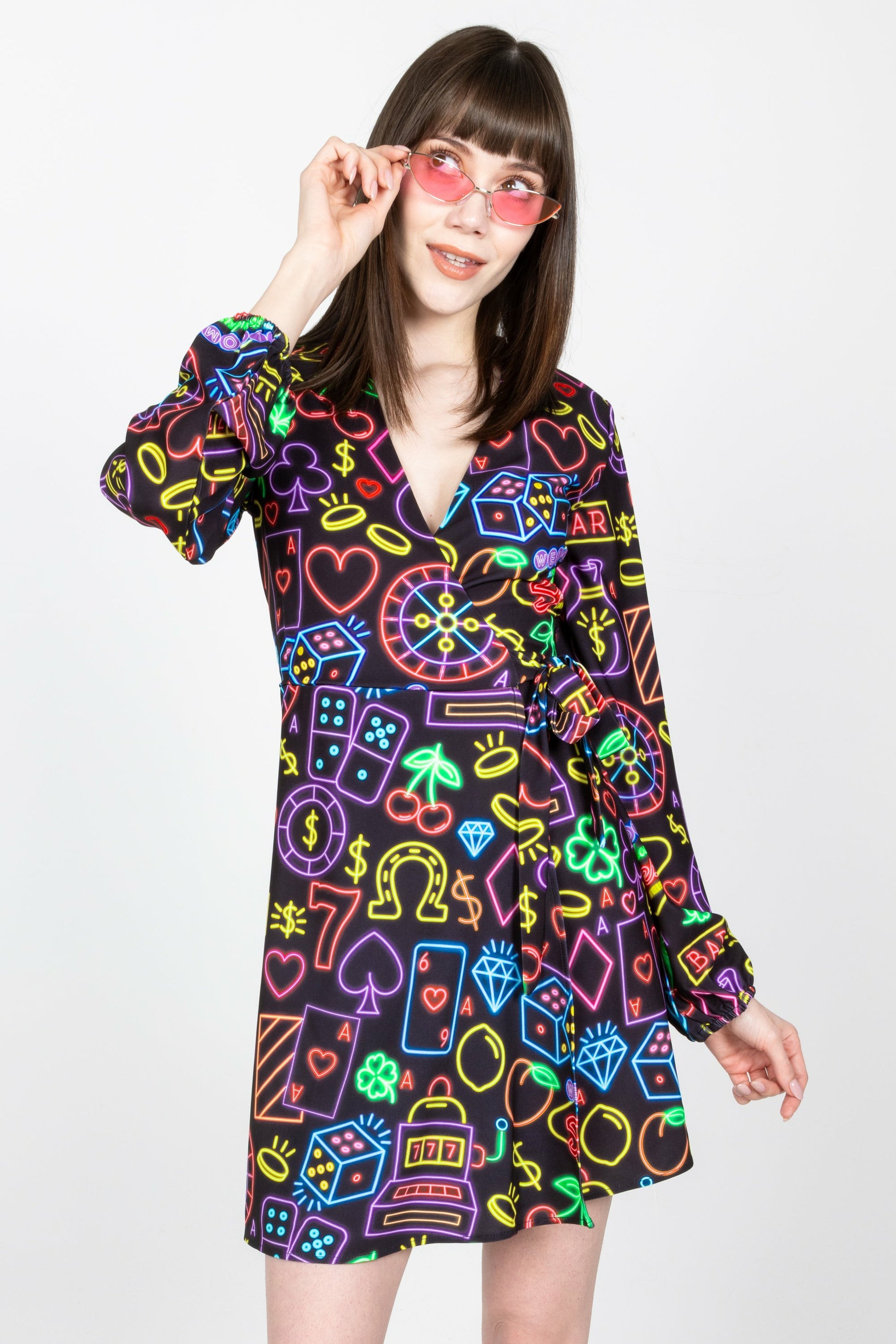 Shinesty Wrap Dress - Neon Vegas Lights