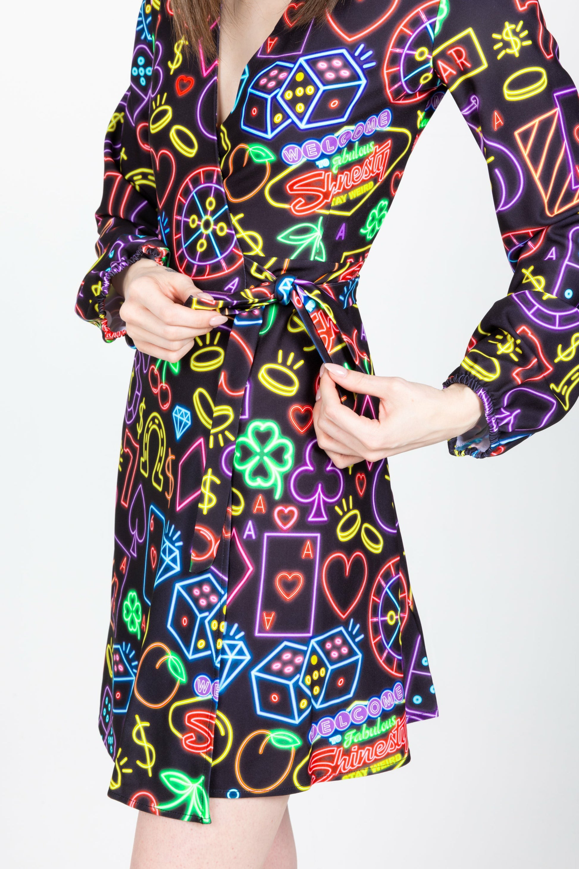 Shinesty Wrap Dress - Neon Vegas Lights