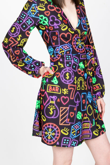Shinesty Wrap Dress - Neon Vegas Lights