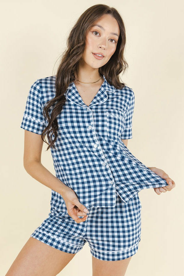 Shinesty Button Down Pajama Shorts & Shirt Set - Navy Gingham