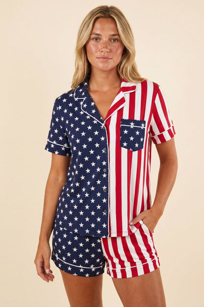 Shinesty Button Down Pajama Shorts & Shirt Set - American Flag