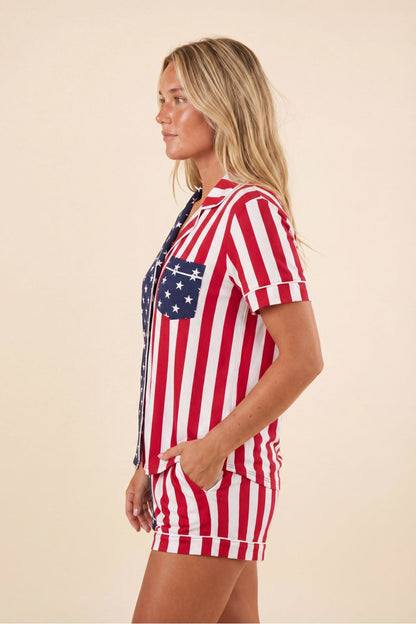 Shinesty Button Down Pajama Shorts & Shirt Set - American Flag